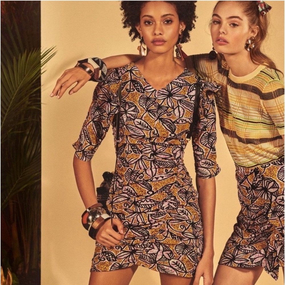 Zara Abstract Floral Print Gathered Ruffle Sleeve Mini Dress S